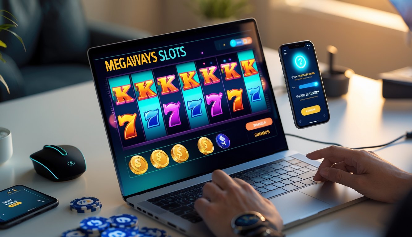 Seorang pengguna sedang bermain slot online Megaways di laptop dengan ponsel di tangan yang menunjukkan konfirmasi deposit cepat.