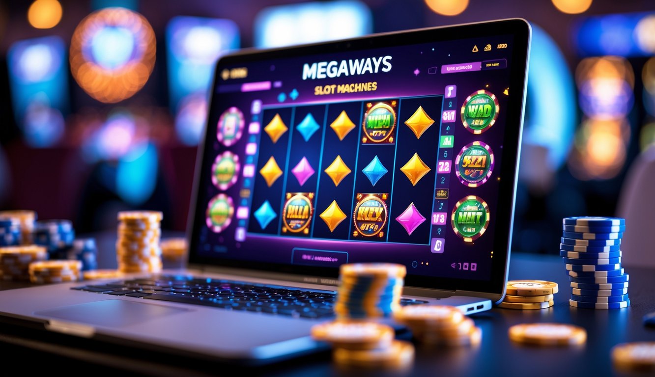 Layar komputer menampilkan permainan slot online dengan gulungan berputar dan simbol warna-warni, dikelilingi chip poker dan kartu remi.
