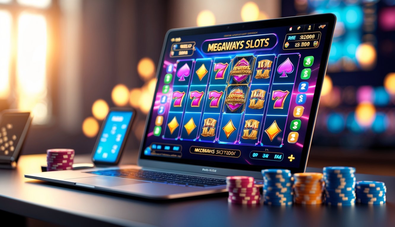 Sebuah layar komputer menampilkan permainan mesin slot Megaways dengan grafik warna-warni dan elemen terkait judi online di sekitarnya.