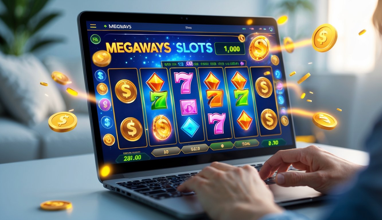 Seorang pengguna sedang bermain mesin slot Megaways online di laptop di dalam ruangan yang nyaman.