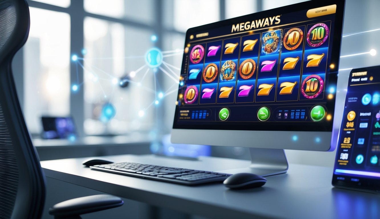 Sebuah layar komputer menampilkan permainan slot Megaways dengan berbagai simbol warna-warni di meja kerja yang rapi dan modern.
