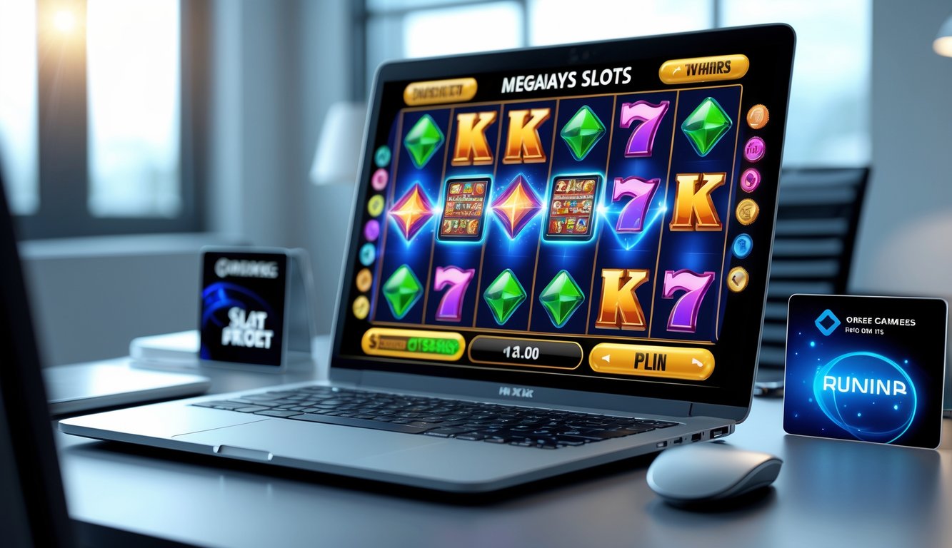 Seorang pemain sedang menggunakan komputer dengan tampilan permainan slot Megaways yang berwarna-warni di layar, di meja kerja yang rapi dengan pencahayaan hangat.