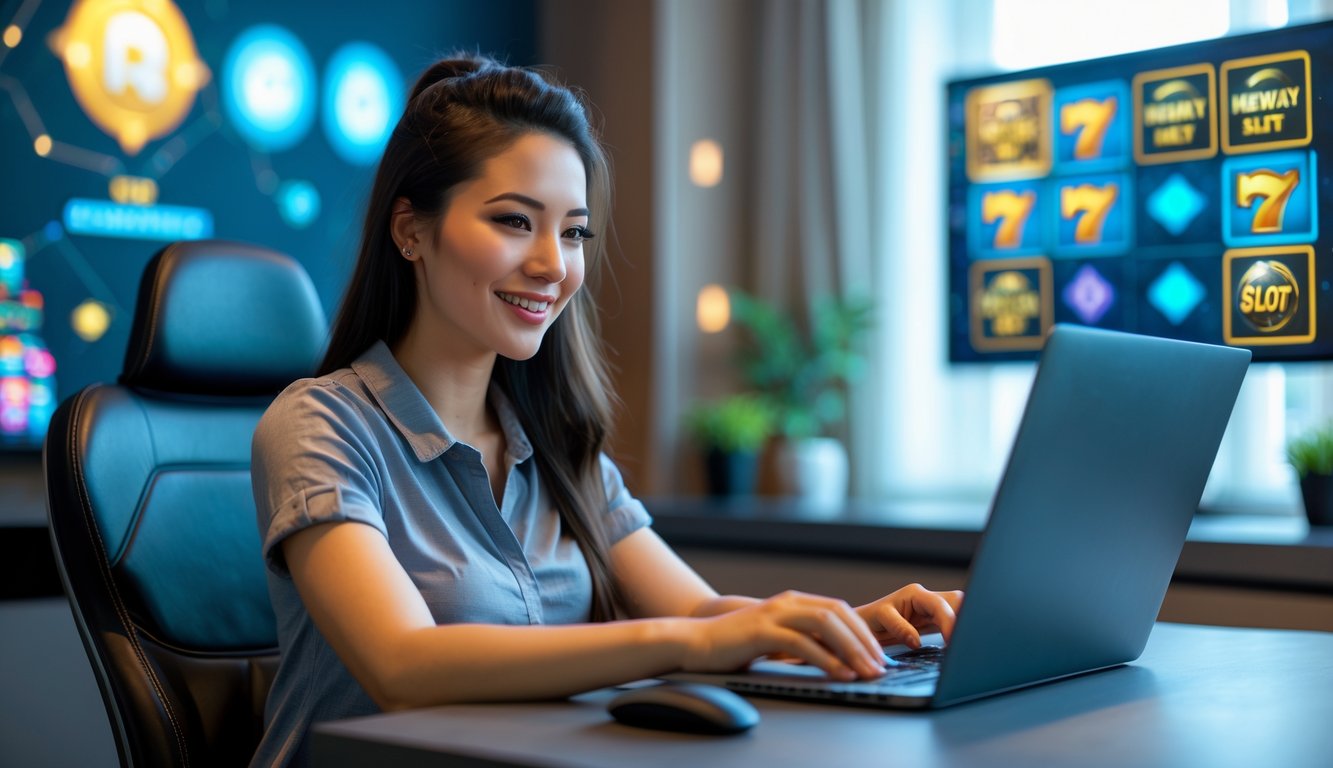 Seorang wanita muda duduk di meja dengan laptop, bermain permainan slot online dalam ruangan yang nyaman dan terang.
