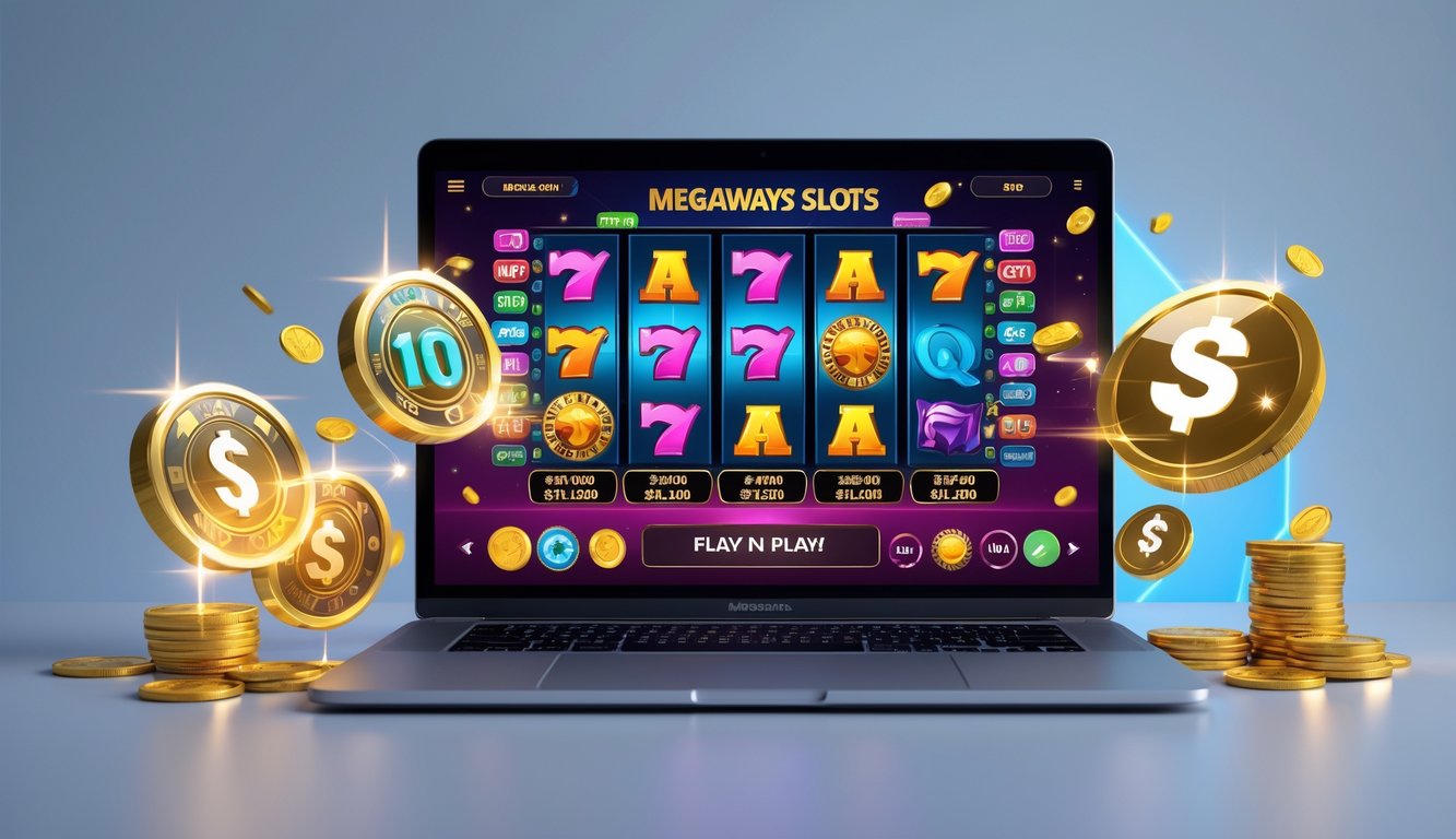 Sebuah laptop menampilkan permainan slot Megaways dengan simbol warna-warni dan koin mengkilap di sekitarnya, menggambarkan promosi cashback dan putaran gratis harian.