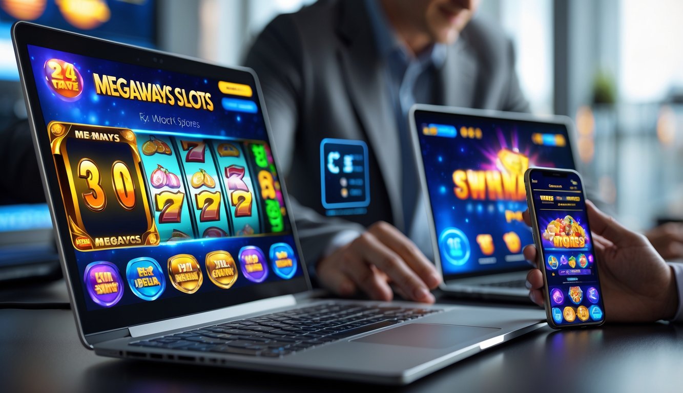 Seseorang menggunakan laptop dan ponsel yang menampilkan permainan slot online dengan latar ruang kerja modern dan pencahayaan terang.