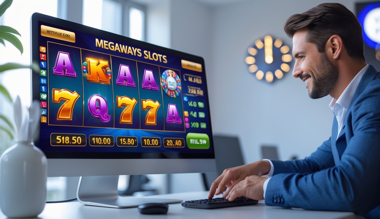 Seseorang menggunakan komputer dan ponsel untuk bermain slot Megaways online dengan latar belakang jam dan ikon transaksi cepat.