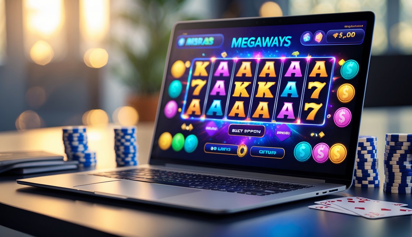 Seorang pengguna sedang bermain mesin slot Megaways di komputer dengan latar belakang ruangan modern yang terang.