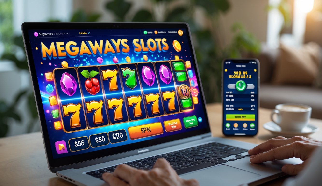 Seseorang bermain mesin slot online dengan layar komputer menampilkan grafik slot berwarna-warni dan suasana ruangan yang nyaman.