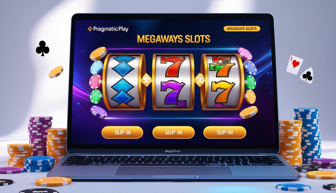 Seorang pengguna sedang bermain mesin slot Megaways di komputer dengan latar belakang elemen permainan judi online seperti chip poker dan kartu.