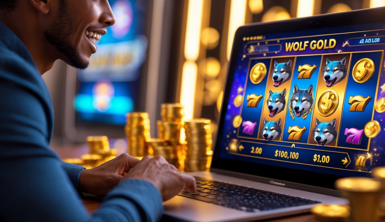 Seseorang sedang bermain mesin slot online dengan tema serigala dan emas di layar komputer, menampilkan suasana antusias dan simbol kemenangan besar.