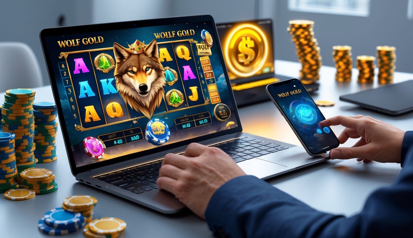 Seseorang menggunakan laptop dan ponsel untuk bermain permainan slot online dengan tema serigala dan emas di ruang kerja yang terang.