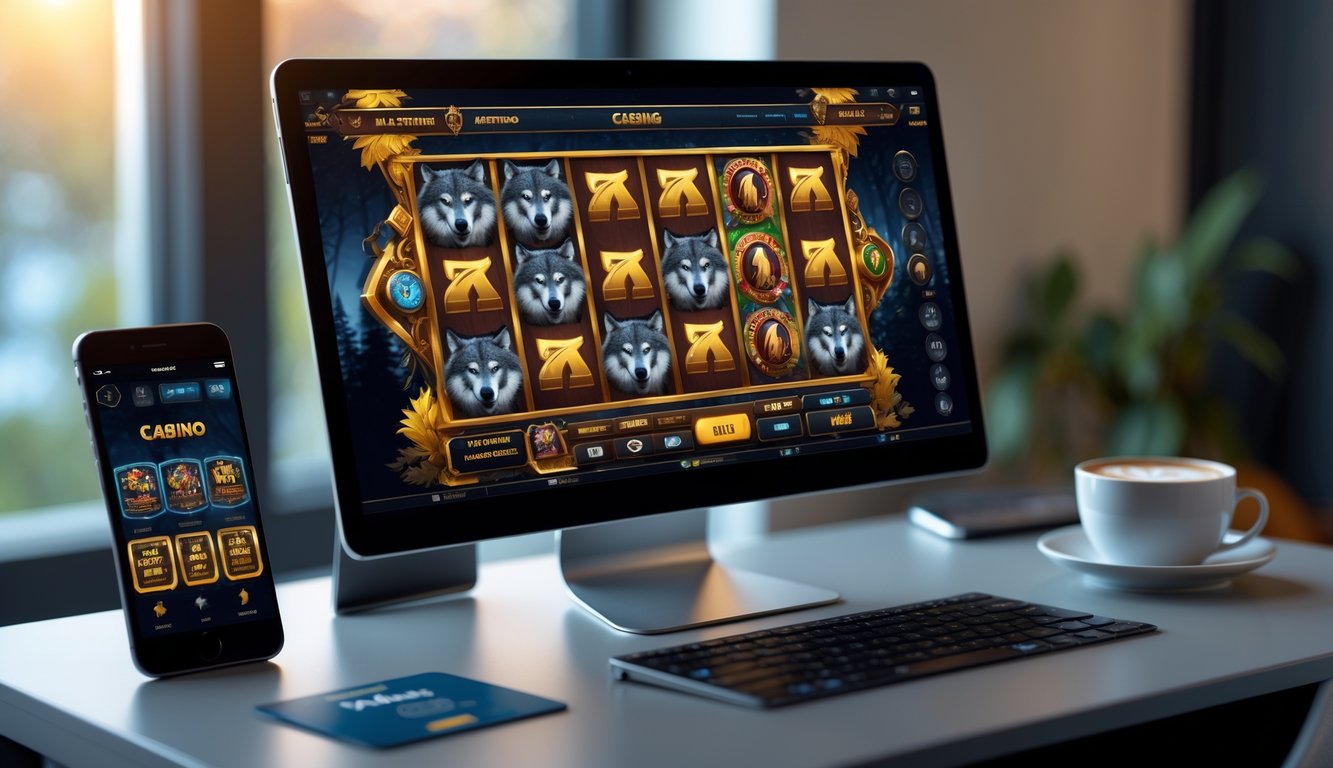 Seorang pengguna sedang bermain permainan slot online bertema serigala dan emas di depan komputer dengan suasana nyaman dan peralatan teknologi di meja.