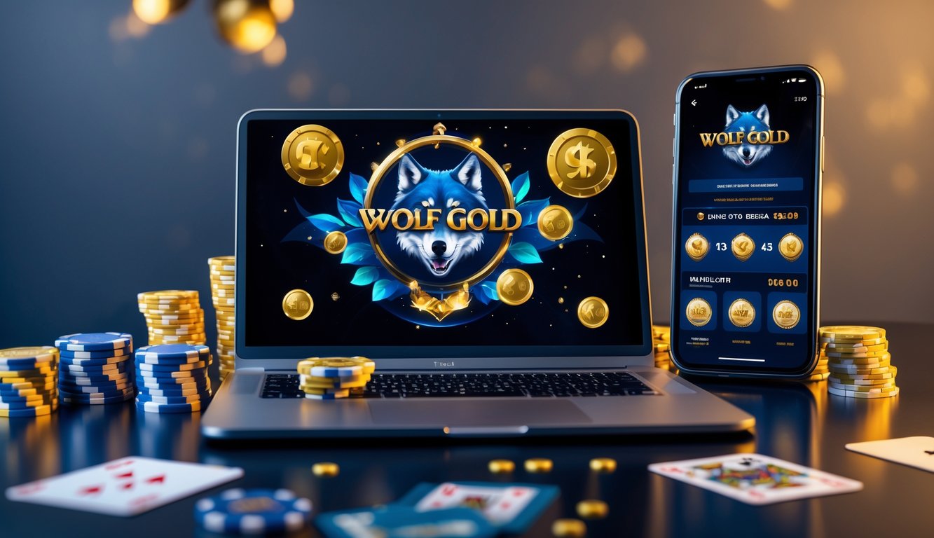 Seorang pengguna sedang bermain permainan slot online Wolf Gold di komputer dengan chip poker dan kartu di sekitarnya.