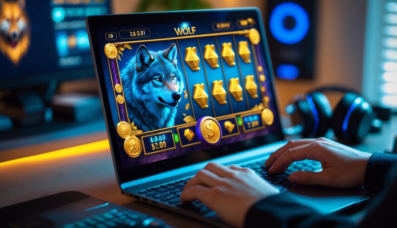 Seseorang bermain permainan slot online bertema serigala dengan layar komputer menampilkan simbol emas dan koin di ruang kerja yang terang.