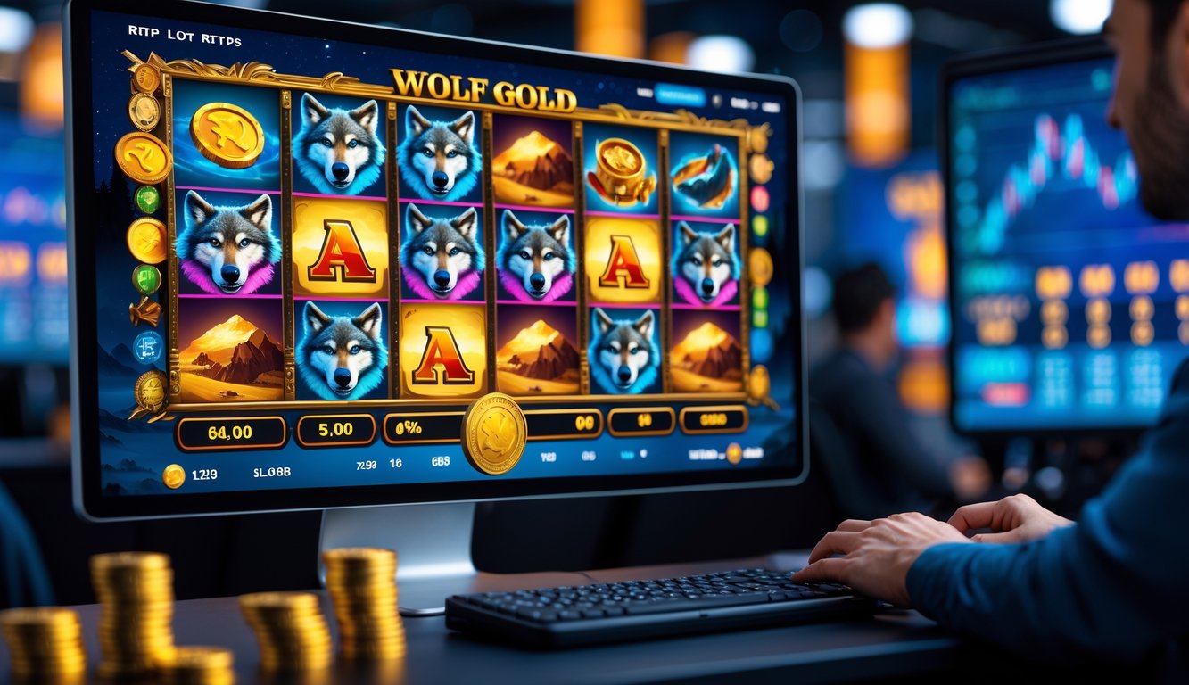 Seorang pemain sedang menggunakan komputer dengan tampilan permainan slot Wolf Gold yang berwarna-warni di layar.