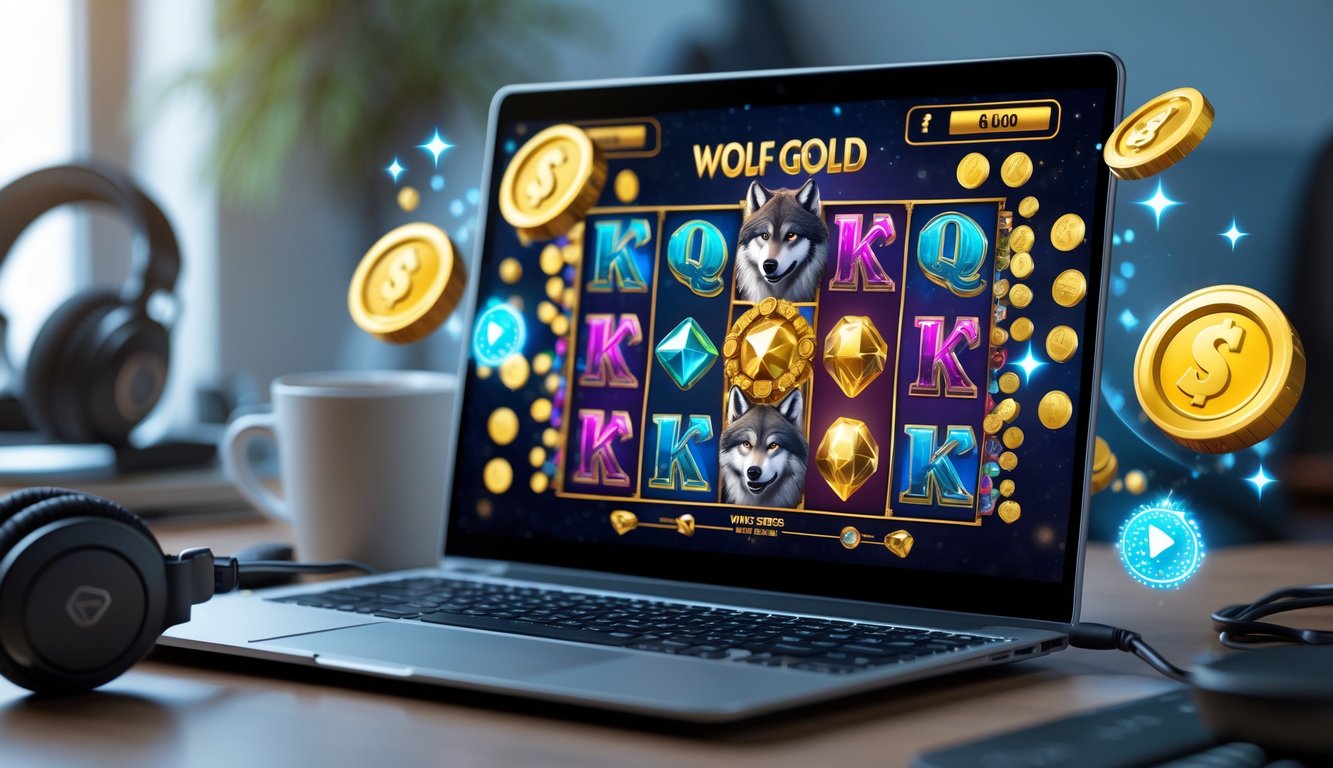 Seorang pemain menggunakan laptop dengan tampilan permainan slot bertema serigala dan koin emas, dikelilingi oleh elemen digital yang menunjukkan kemenangan dan putaran gratis.