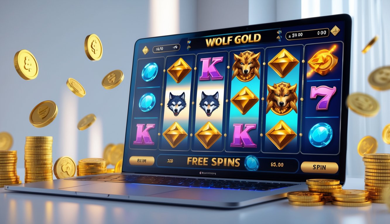Layar komputer menampilkan permainan slot online bertema serigala dan emas dengan koin berkilau di sekitarnya.