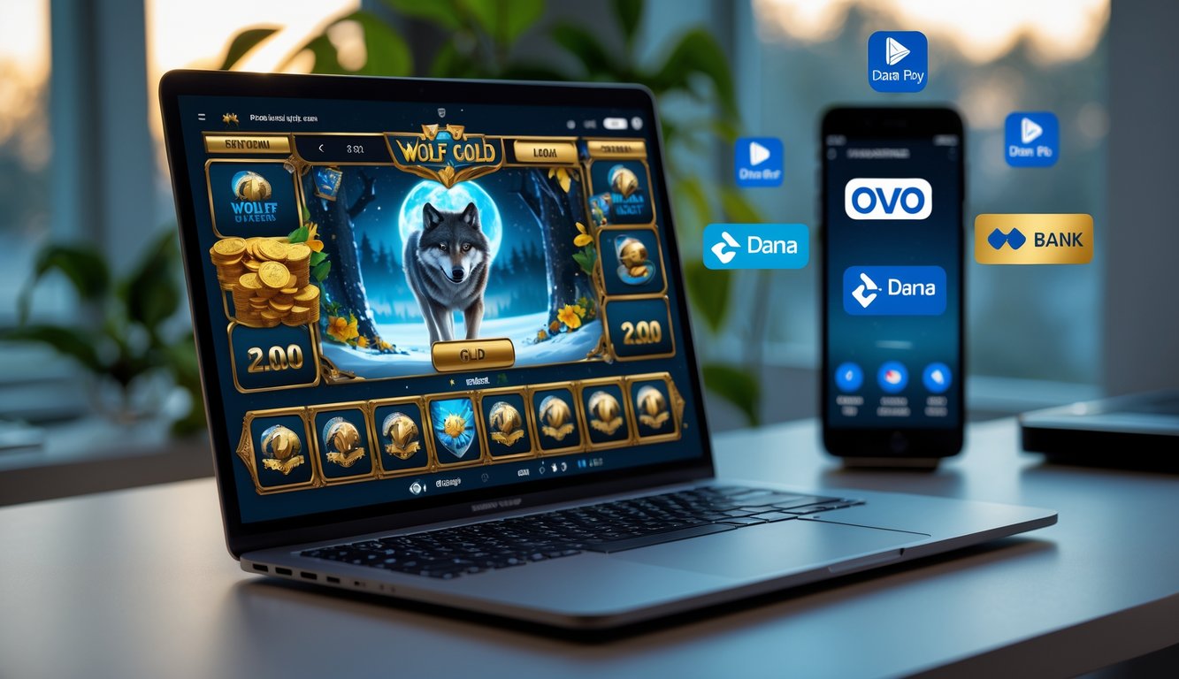 Seorang pengguna sedang bermain permainan slot online di laptop dengan ikon pembayaran digital Dana, OVO, dan bank lokal di sekitar layar.