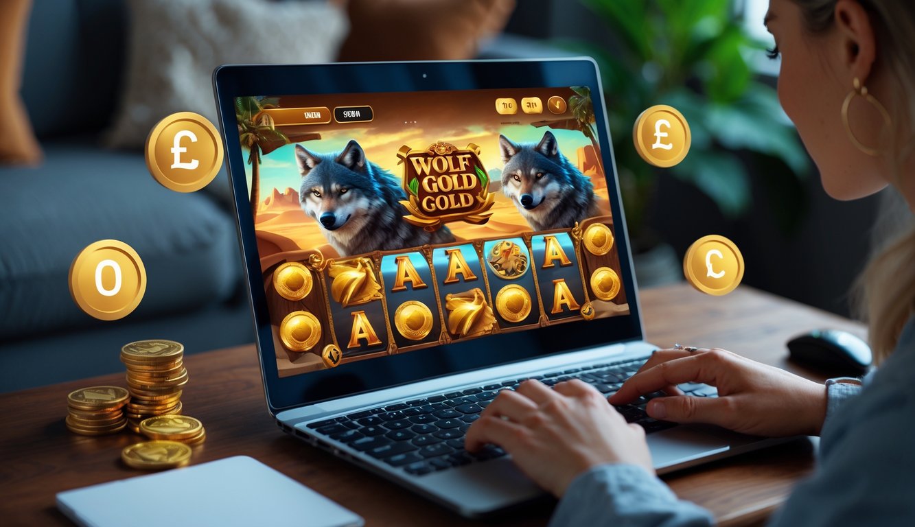 Seseorang sedang bermain permainan slot Wolf Gold online di komputer dengan ikon pembayaran digital Dana, OVO, dan bank lokal di sekitar layar.