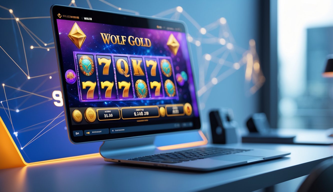 Seorang pengguna sedang bermain permainan slot online di komputer dengan latar belakang yang menunjukkan koneksi digital dan keamanan.