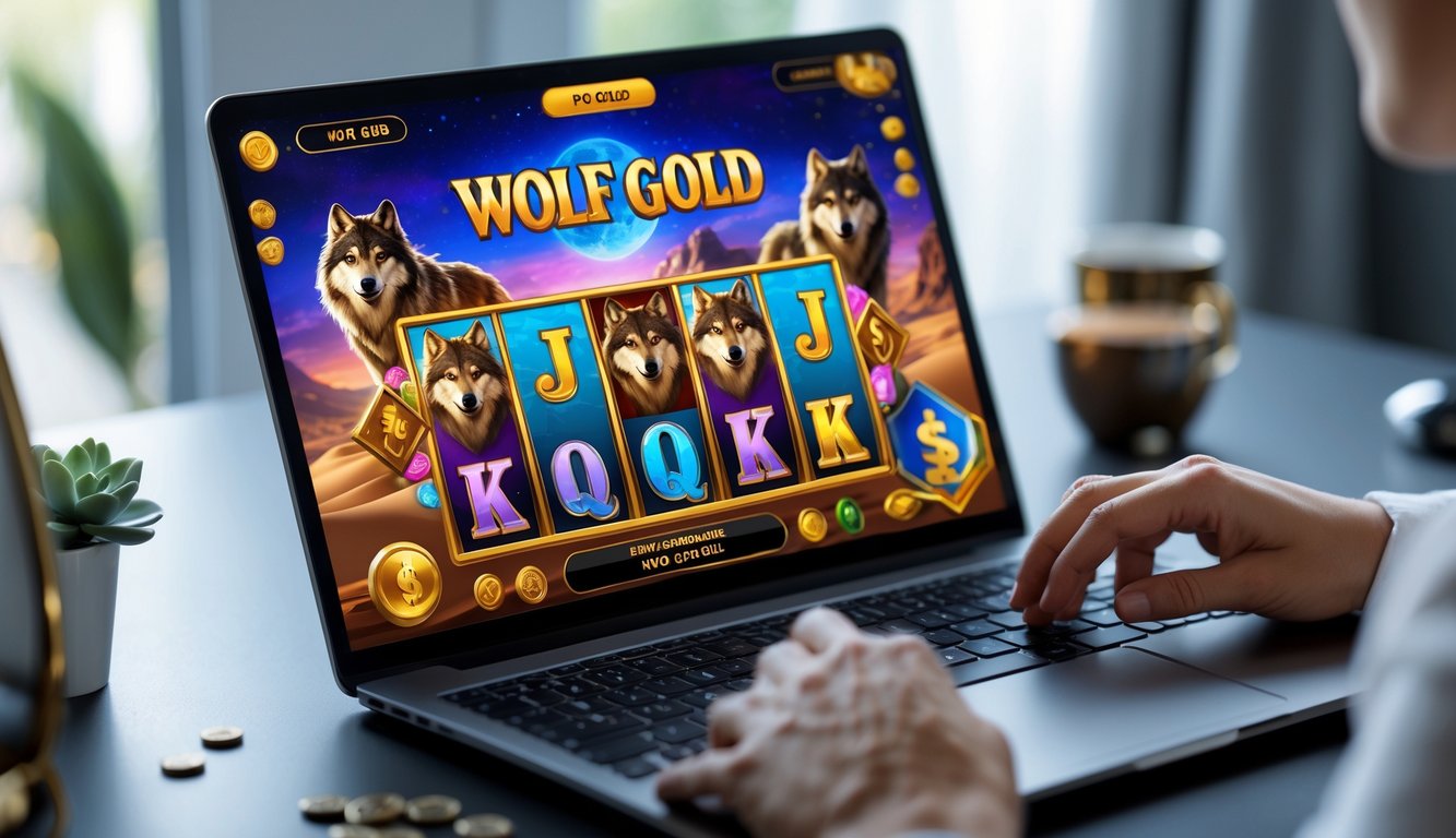 Seseorang sedang bermain permainan slot Wolf Gold di komputer dengan tampilan layar yang jelas dan warna-warni.