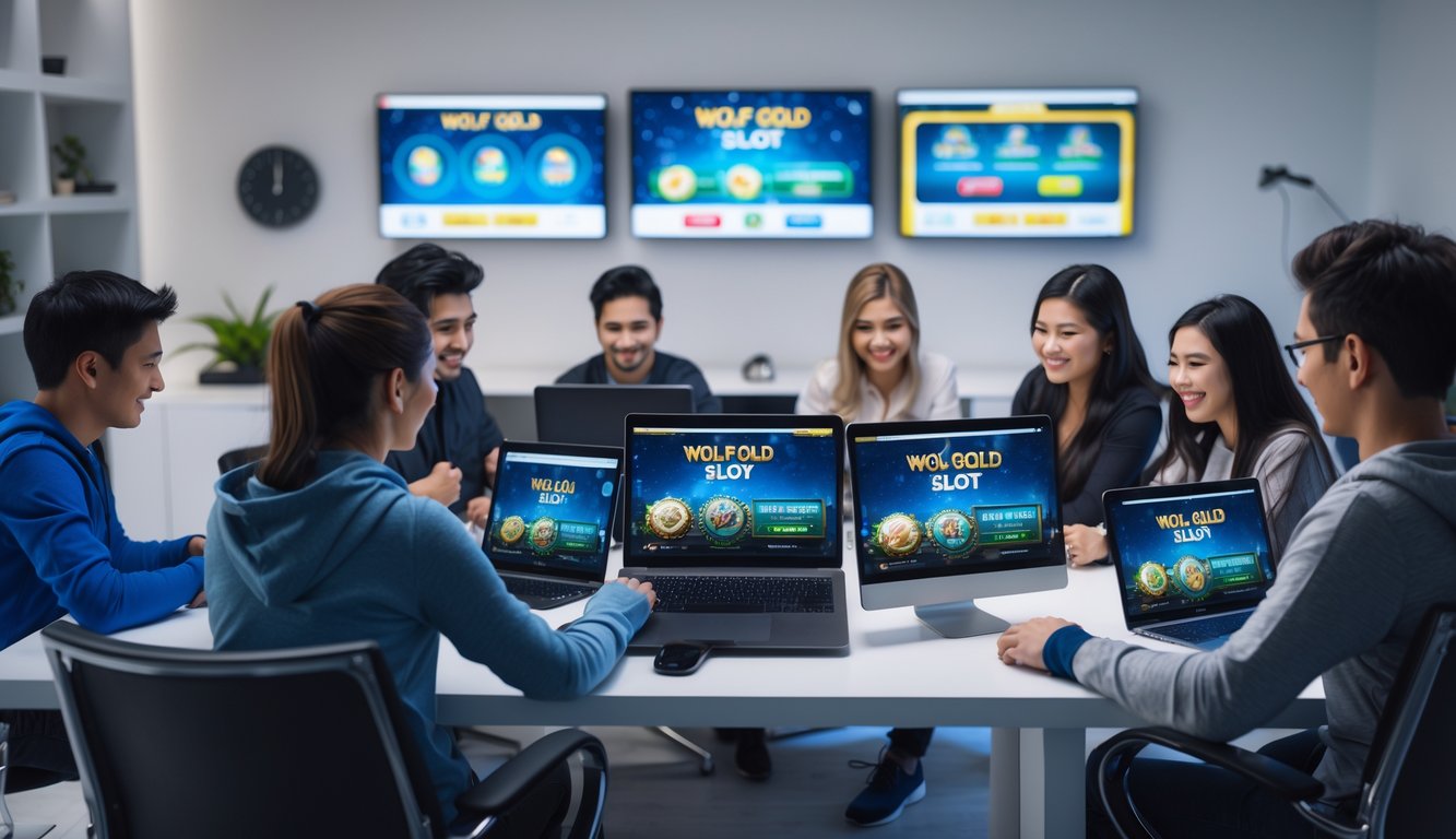 Sekelompok orang menggunakan perangkat digital untuk bermain game slot Wolf Gold secara online di ruangan yang terang dan rapi.