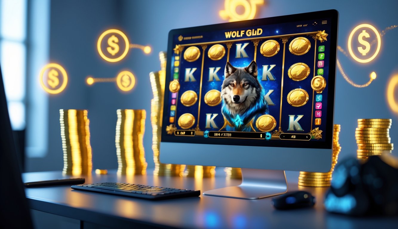 Seorang pemain sedang menggunakan komputer dengan permainan slot bertema serigala dan emas, dikelilingi oleh simbol cashback dan grafik ringan di latar belakang.