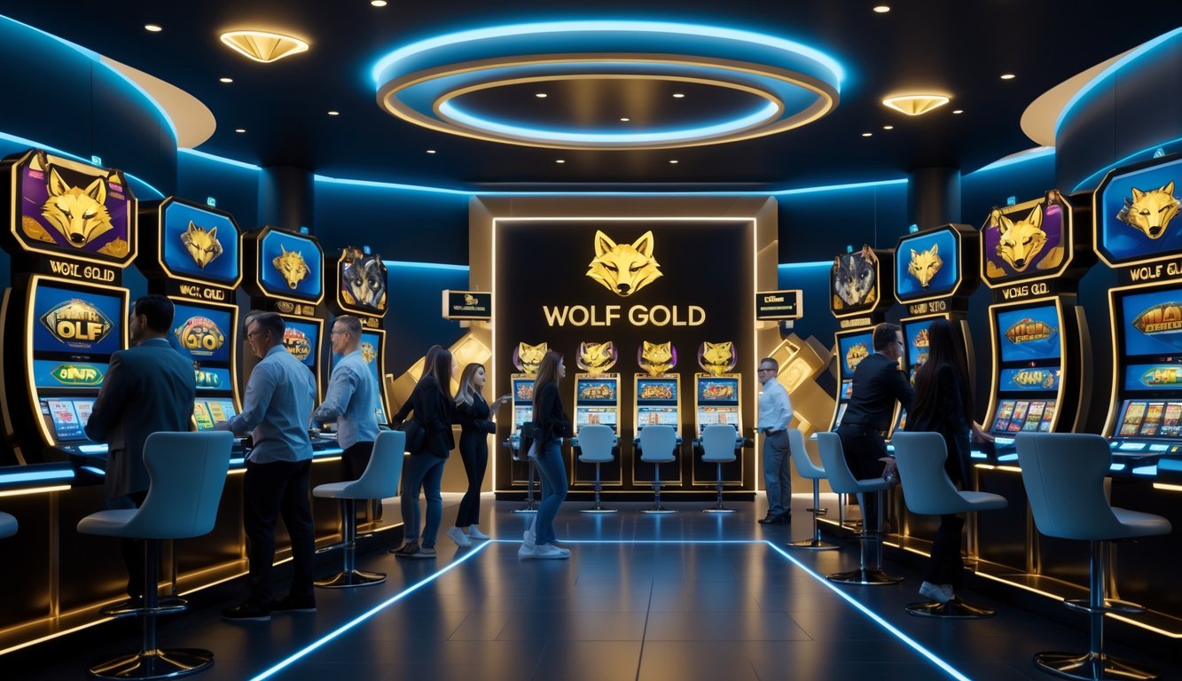 Orang-orang menggunakan mesin slot online dengan tema serigala emas di ruangan modern yang terang dan nyaman.