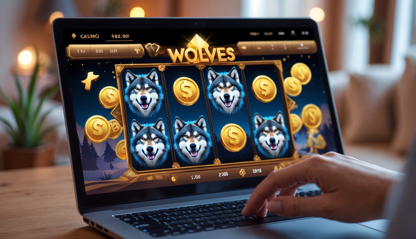 Seorang pengguna bermain permainan slot online bertema serigala dan emas di laptop di dalam ruangan yang nyaman.
