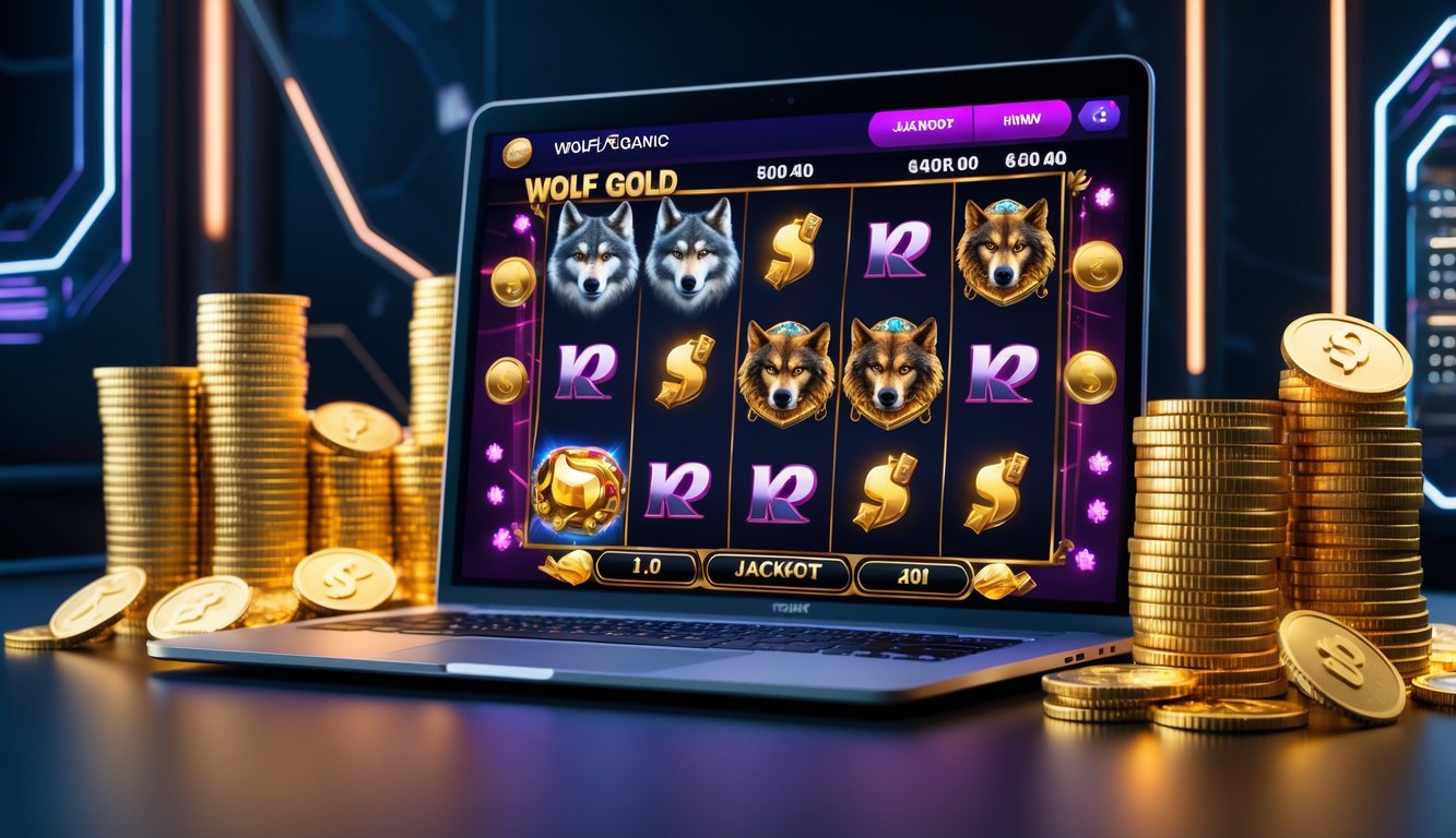 Layar komputer menampilkan permainan slot Wolf Gold dengan simbol serigala dan koin emas, dikelilingi tumpukan koin dan peti harta karun yang bersinar.