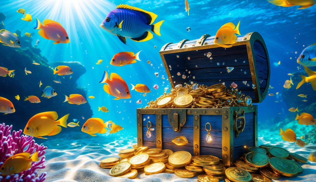 Pemandangan bawah laut dengan ikan tropis berwarna-warni berenang di sekitar peti harta karun yang penuh dengan koin emas dan permata.