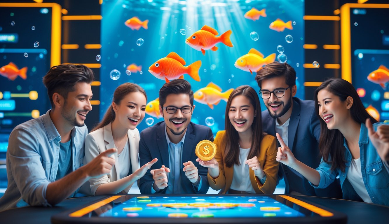 Sekelompok orang muda bermain game tembak ikan di perangkat digital dengan latar belakang bawah laut yang berwarna-warni.