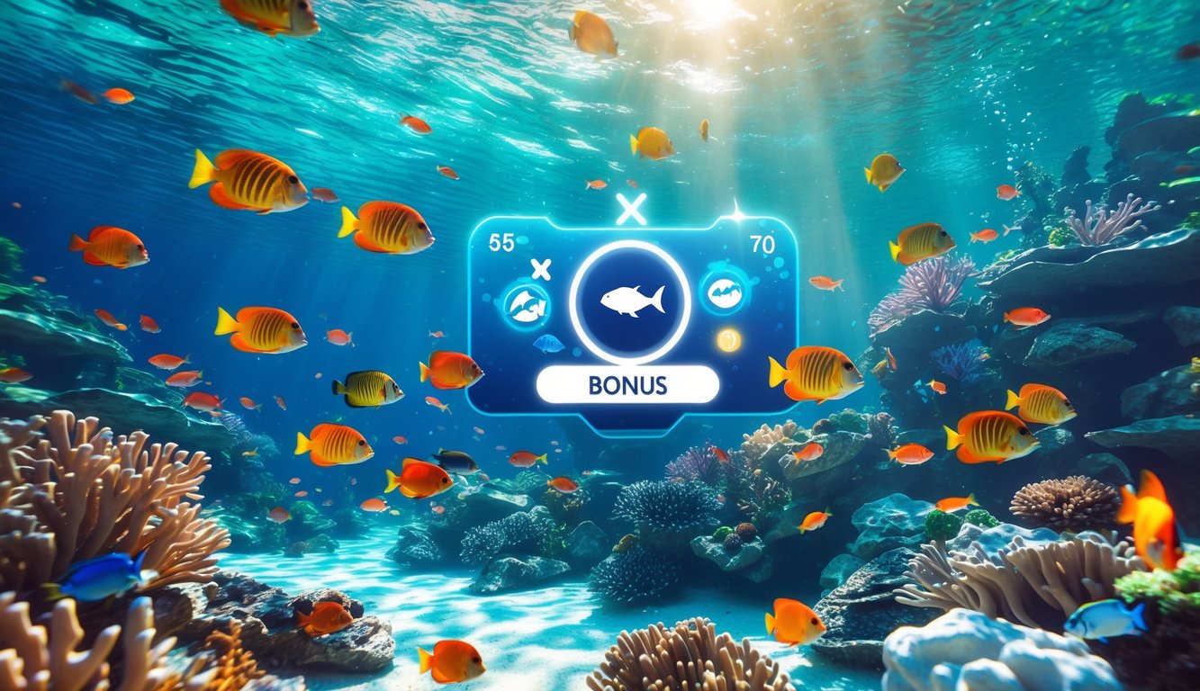 Pemandangan bawah laut dengan ikan tropis berwarna-warni berenang di sekitar terumbu karang dan antarmuka permainan memancing digital yang menampilkan target ikan dan ikon bonus.