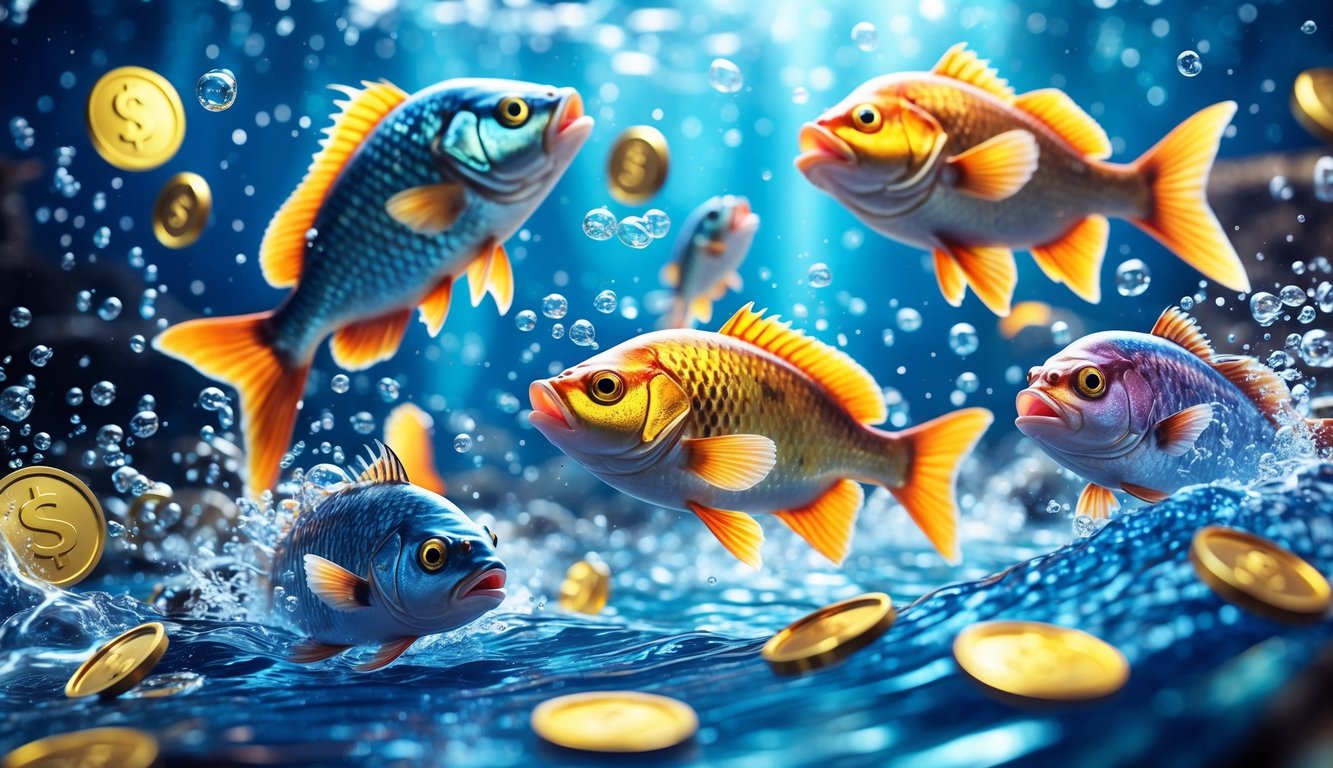 Suasana bawah laut yang penuh warna dengan berbagai ikan berenang dan koin emas yang berkilauan sebagai simbol bonus dan hadiah harian.