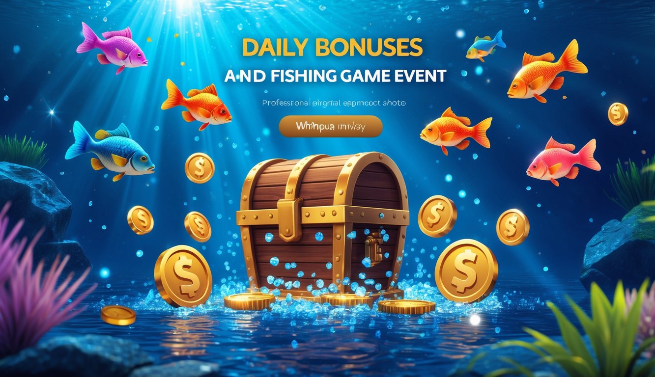 Adegan bawah laut dengan ikan berwarna-warni, ikon bonus yang bersinar, dan peti harta karun yang mengambang, menciptakan suasana acara promosi bonus harian yang menarik dan terpercaya.