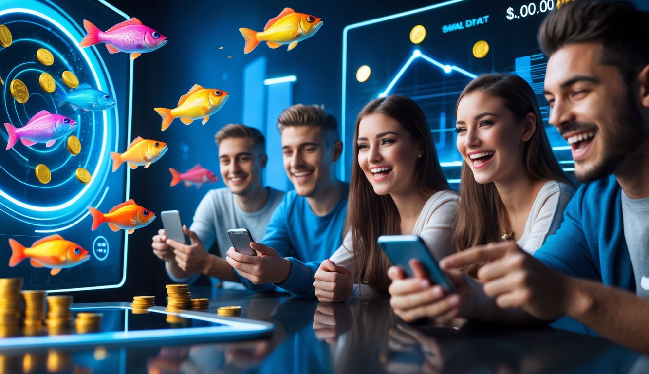 Orang-orang muda bermain game tembak ikan di perangkat digital dengan latar belakang animasi ikan berwarna-warni dan elemen simbol keuntungan.