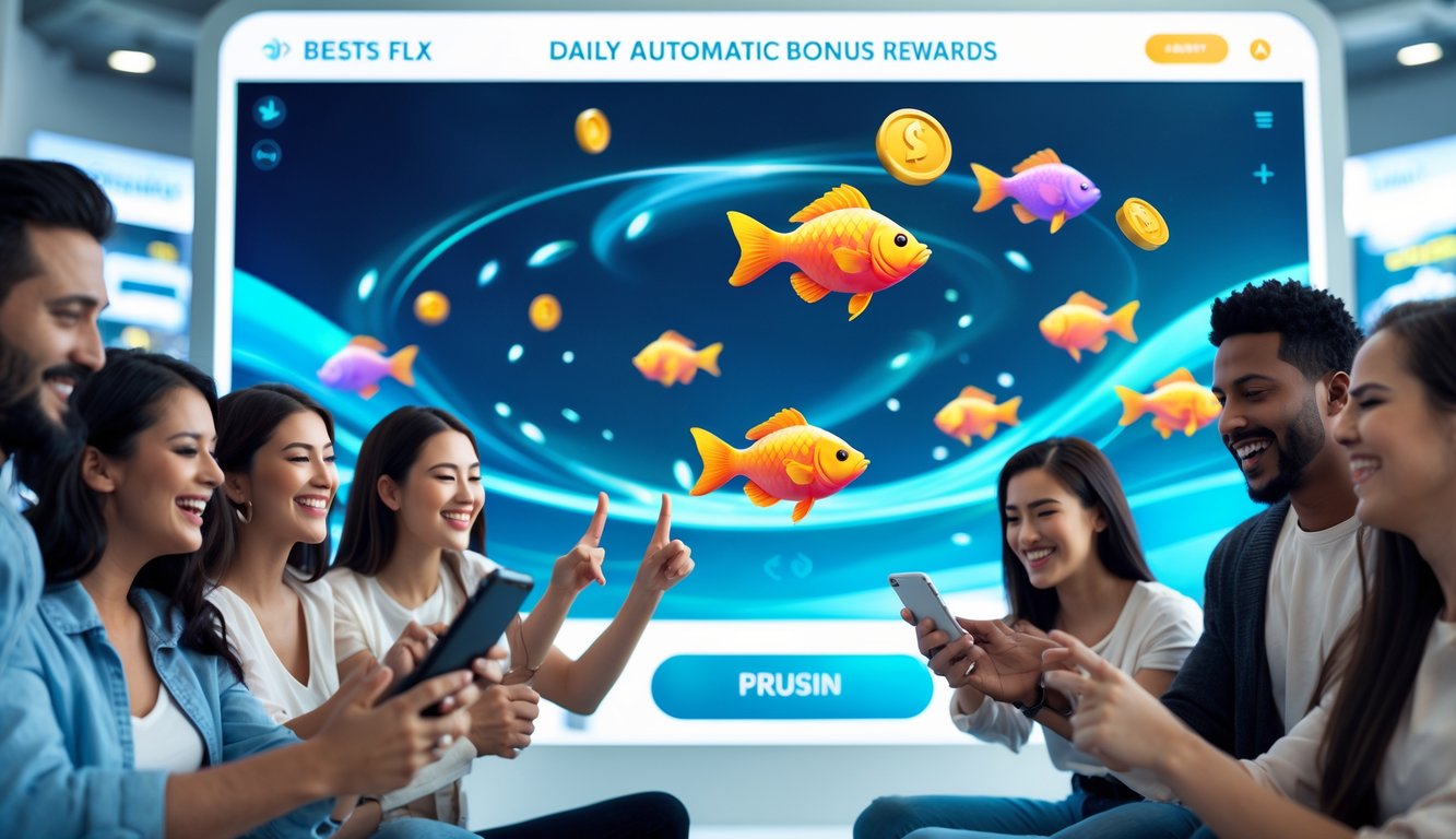 Sekelompok orang muda bermain game tembak ikan di perangkat digital dengan latar belakang animasi ikan berwarna-warni dan simbol bonus.