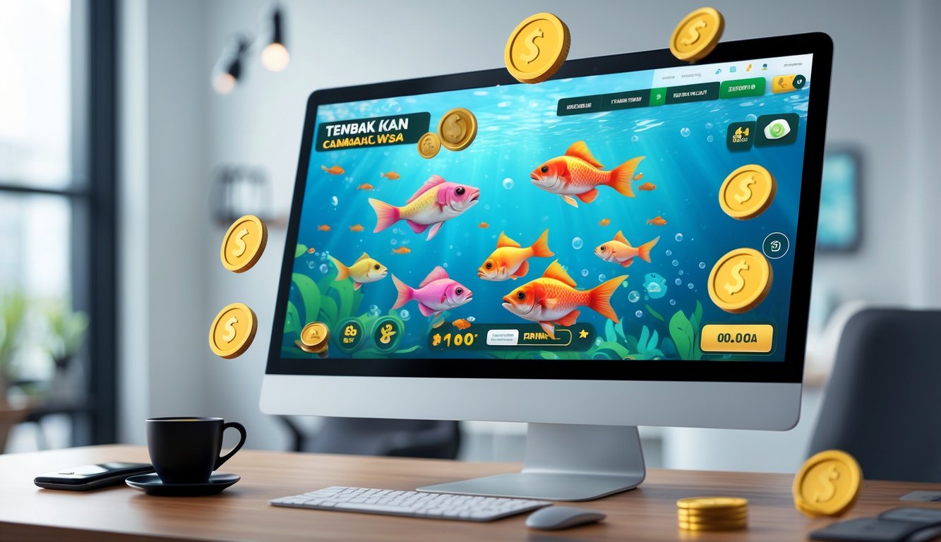 Sebuah perangkat menampilkan permainan menembak ikan dengan ikon bonus dan cashback di sekitarnya di atas meja kerja yang rapi.