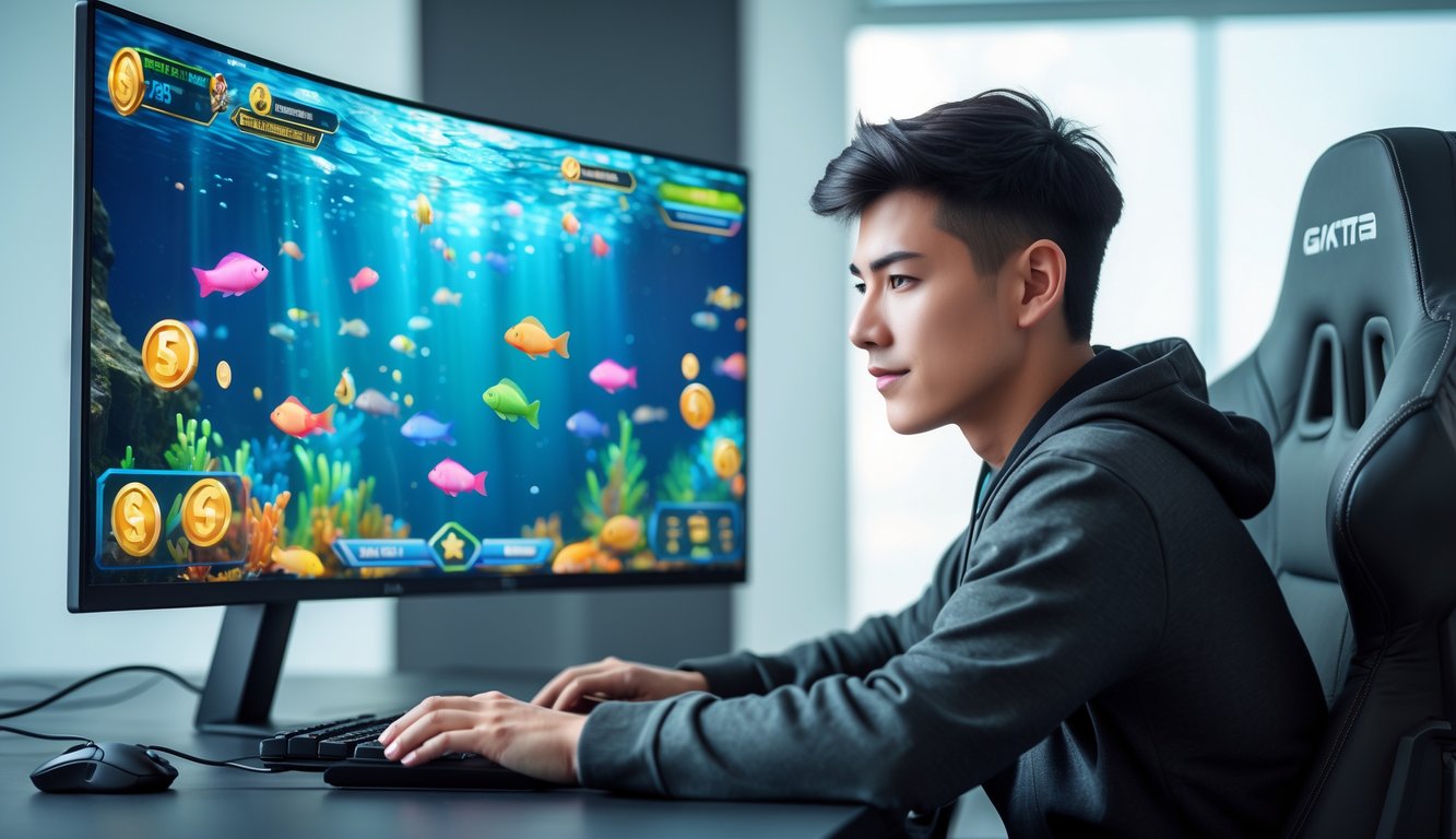 Seorang pria muda duduk di depan komputer dengan tampilan permainan ikan berwarna-warni di layar, terlihat fokus dan serius.