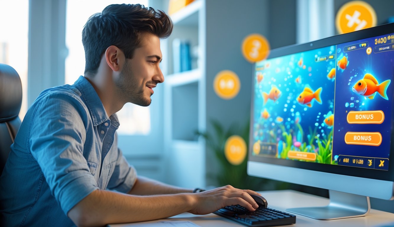 Seorang pria muda duduk di depan komputer dengan layar menampilkan permainan tembak ikan, terlihat fokus dan serius.