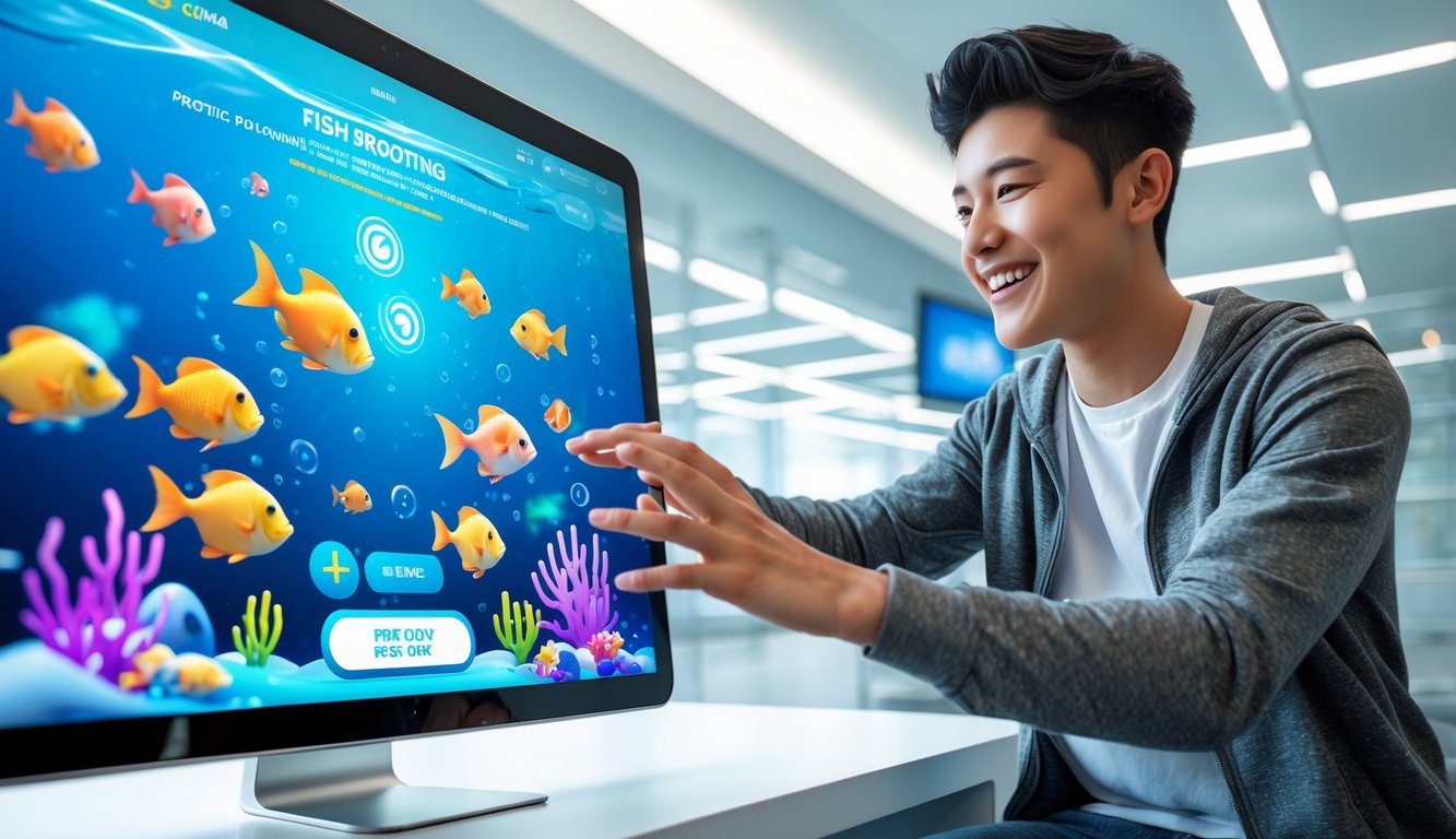 Seorang dewasa muda menggunakan tablet dengan latar belakang grafis permainan ikan yang cerah dan berwarna-warni.