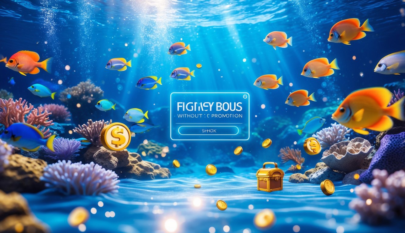 Pemandangan bawah laut dengan ikan tropis berwarna-warni berenang di sekitar terumbu karang dan elemen permainan memancing digital dengan ikon bonus dan koin.