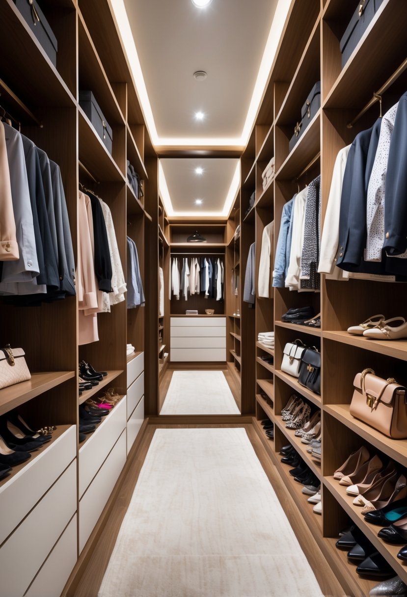 A spacious walk-in closet with custom built-in wooden shelves holding clothes, shoes, and accessories, featuring a mirror and seating area.