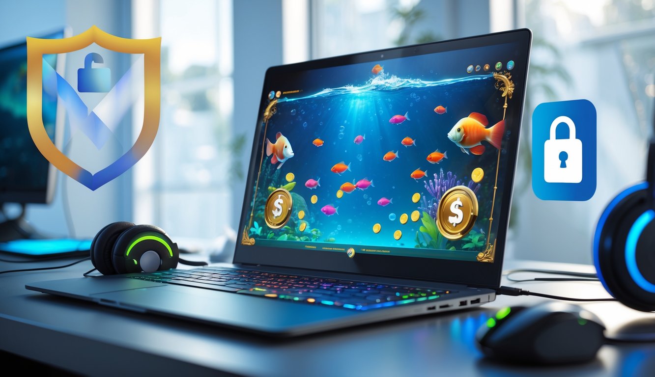 Sebuah meja kerja dengan komputer menampilkan permainan ikan digital berwarna-warni dan simbol keamanan di latar belakang.