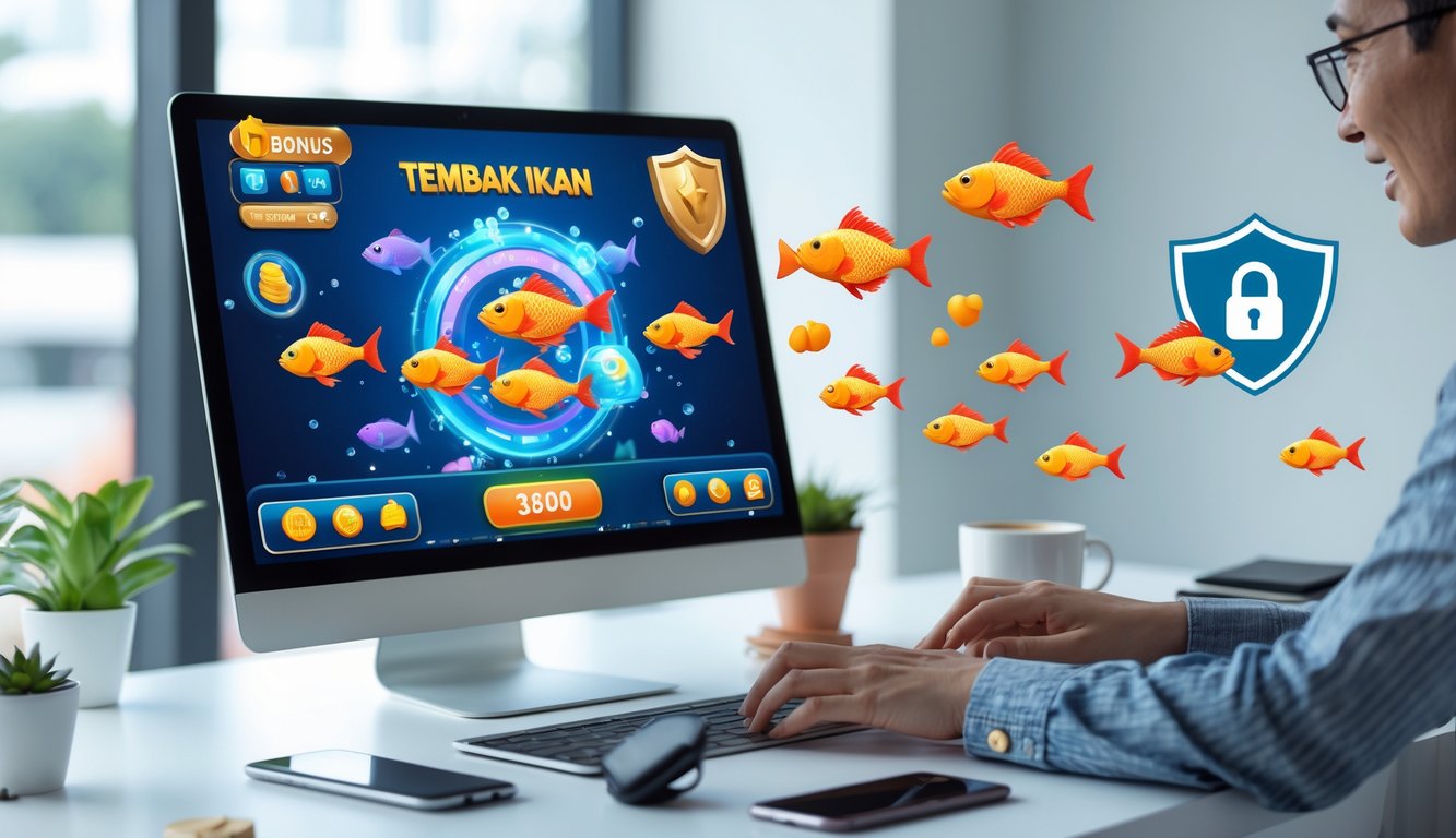 Seseorang menggunakan komputer dengan layar menampilkan permainan tembak ikan berwarna-warni dan ikon bonus, di meja terdapat cangkir kopi dan ponsel.