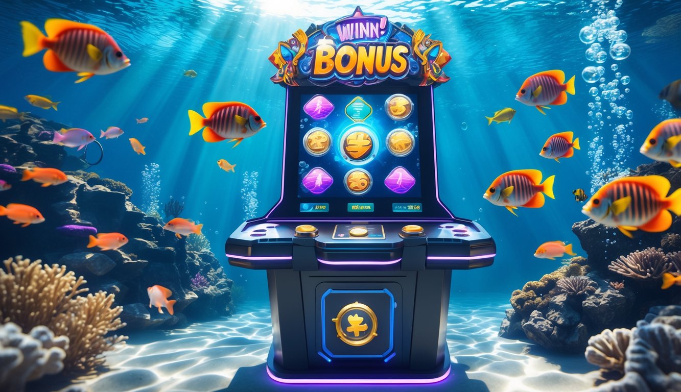 Adegan bawah laut dengan ikan tropis berwarna-warni berenang di sekitar mesin permainan memancing modern yang menampilkan simbol bonus dan hadiah.
