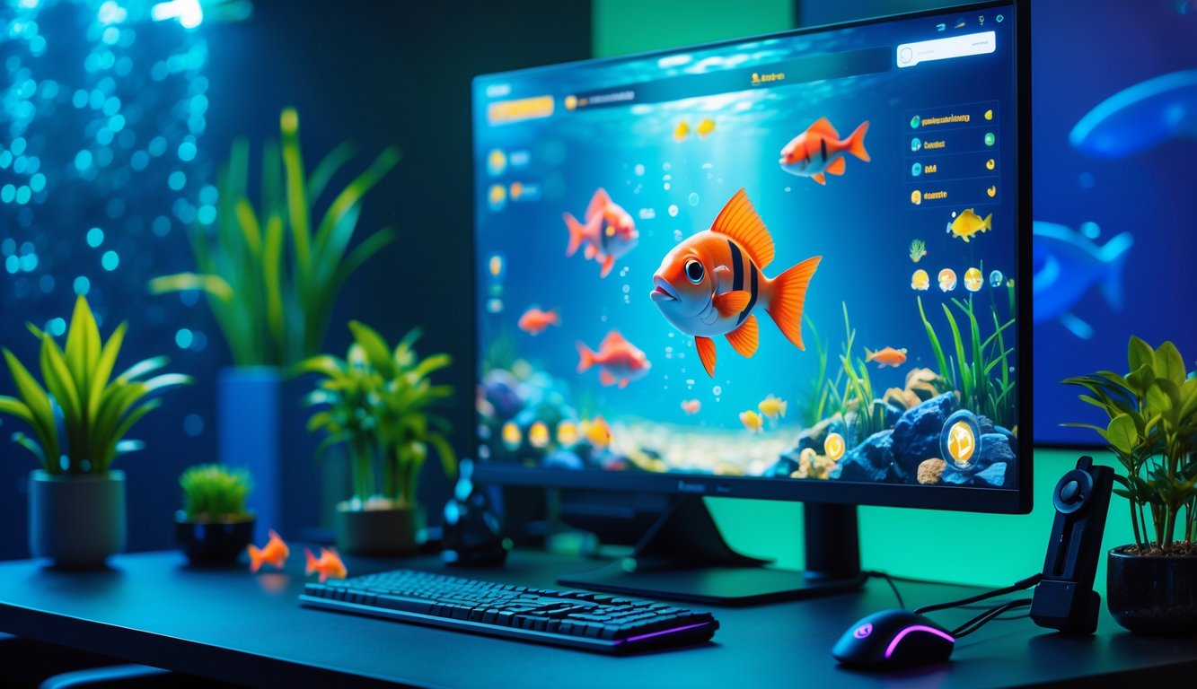 Sebuah meja komputer modern dengan layar menampilkan permainan tembak ikan berwarna-warni dan dekorasi bertema bawah laut.