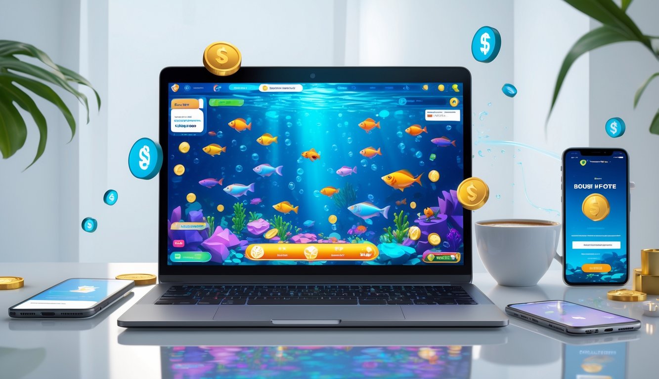 Seorang profesional menggunakan laptop dengan tampilan permainan tembak ikan berwarna-warni di layar, dikelilingi oleh smartphone dan simbol bonus digital di meja kerja modern.