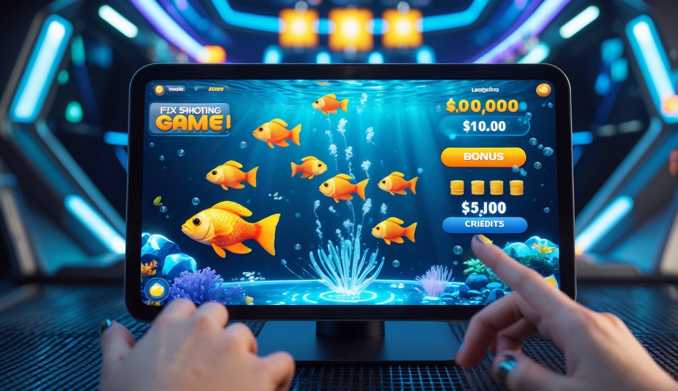 Seseorang sedang bermain permainan tembak ikan di perangkat digital dengan gambar ikan berwarna-warni dan tampilan kredit bonus otomatis.