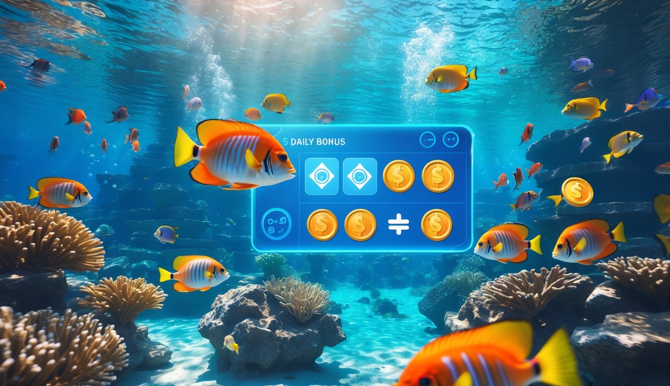 Pemandangan bawah laut dengan ikan tropis berwarna-warni berenang di sekitar terumbu karang, dengan tampilan antarmuka permainan digital yang menunjukkan ikon koin dan bonus.